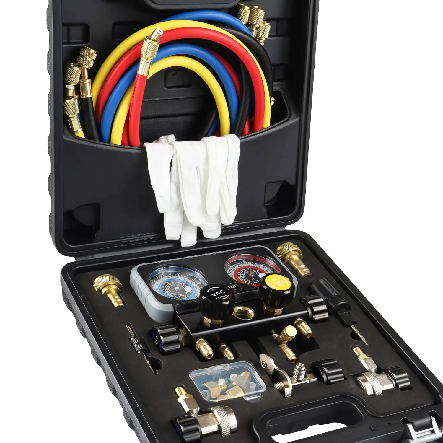 AC R1234YF R134A Gauge Set, Automotive 4 Valve Manifold Gauge Compatible with R1234YF R134A and R404A Refrigerants, Works on  Freon  and Evacuation
