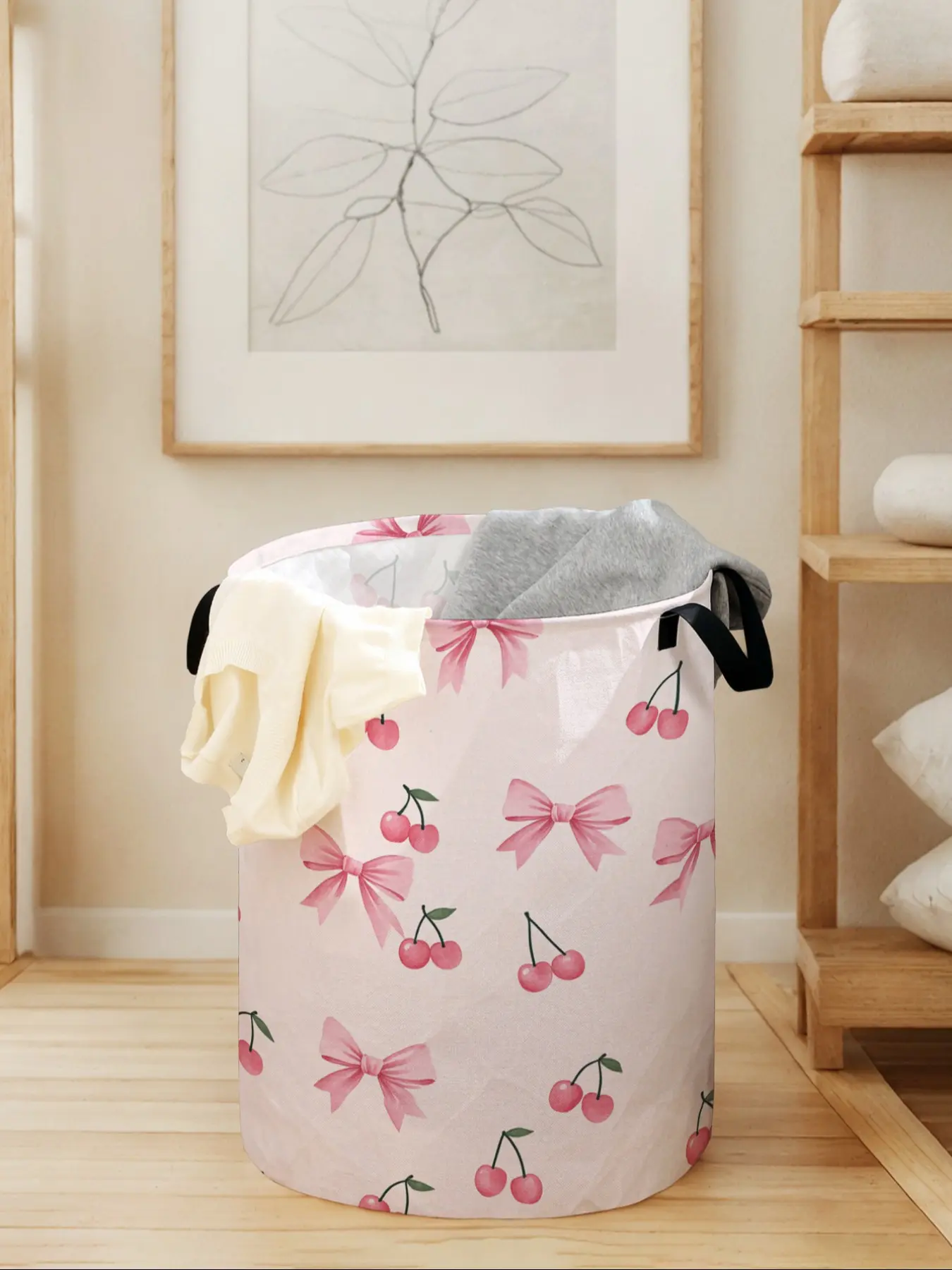 Butterfly Charming Cherry Printed Laundry Basket with Convenient Handles, Durable Material Foldable Design Storage Bin, Spacious Capacity for Home Use, Valentine's Day Gift, Laundry Hamper