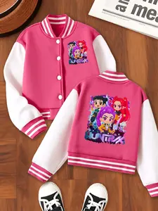 Girls' Kpop Justice Girl Print Baseball Jacket, Casual Sport School Uniform, Elastic Fabric, Fashion Trendy Clothing, Fall Winter Casual Cute Outerwear