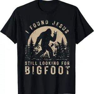 I Found Jesus Still Looking Bigfoot T-Shirt, Funny Sasquatch Faith Graphic Tee, Retro Vintage Humor Shirt, Unisex Casual Gift