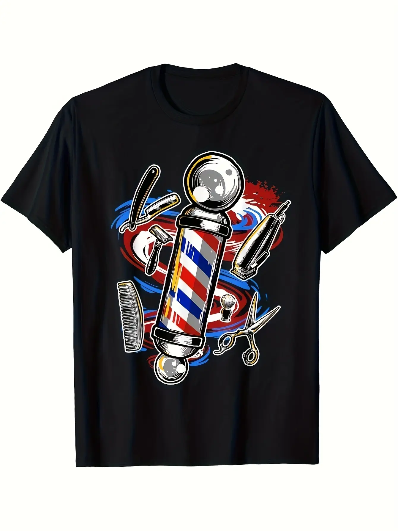 Barber Shop T-Shirt with Barber Pole Scissors Comb & Clippers Graphic - Soft Breathable  Cotton Tee for barbers & hairstylists - Vintage Barber Gift Idea (S-XXXL) - Unisex Casual Crew Neck Shirt for &