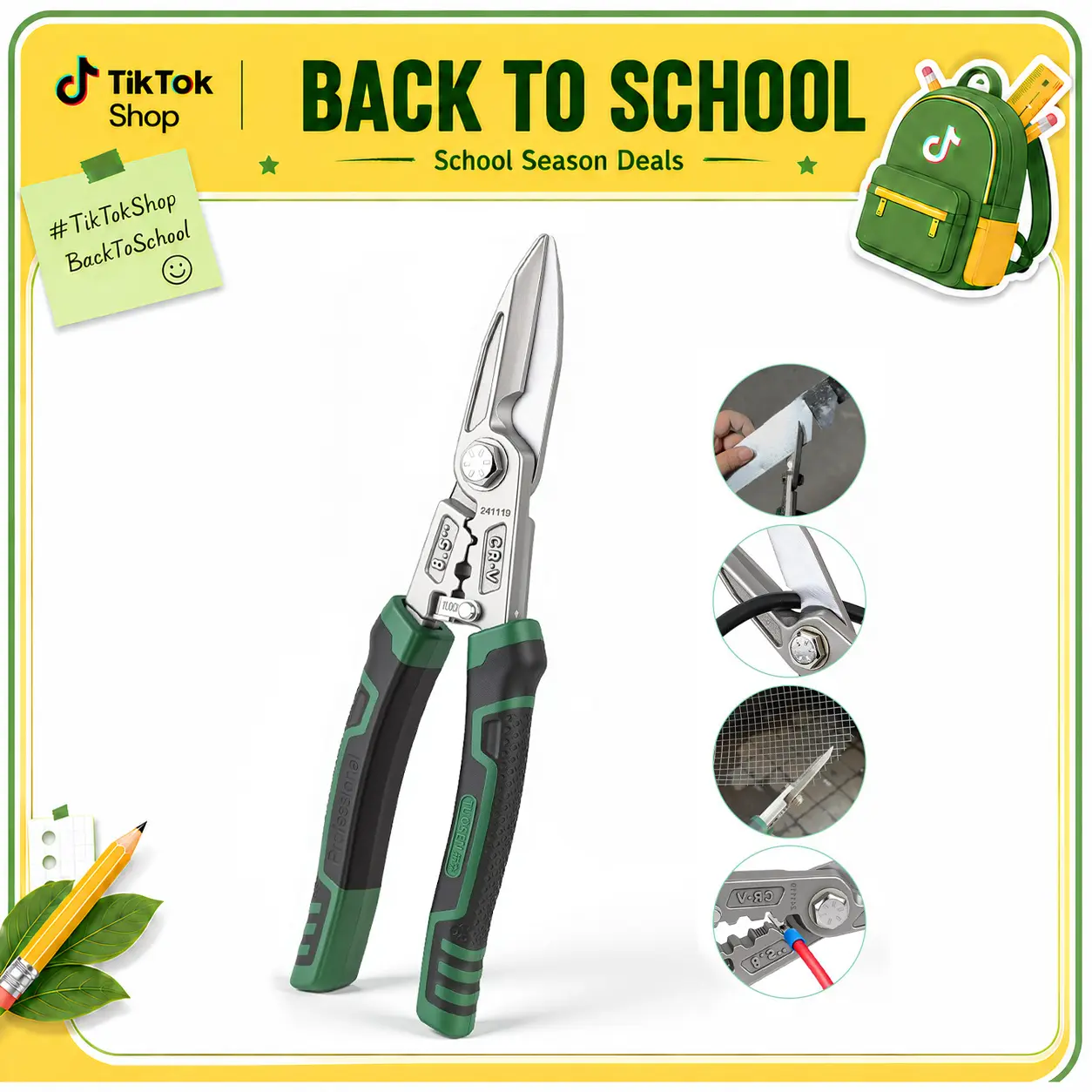 5 in 1 Heavy Duty Tin Snips Metal Shears CR V Steel Stainless Steel Sheet Metal Cutter Wire Cutter Wire Stripper Crimper Cable Cutting Tool for Light Steel Keel DIY Renovation
