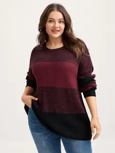 【 Oversized】 Bloomchic Color Block Yarn Blend Pullover - Long Sleeve Round Neck Fitted Knitwear for Women Deep Red Geometric Print Casual Summer Tops Knitting Deepred Loose Womenswear