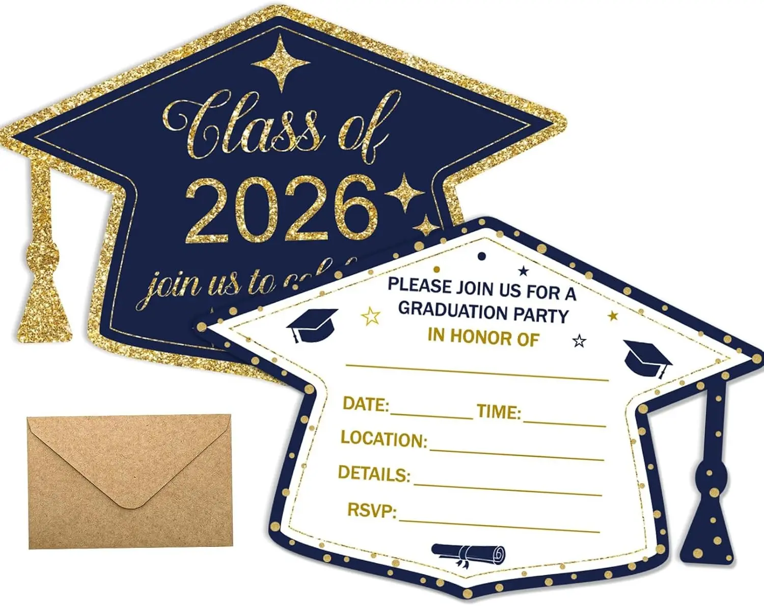 Graduation Invitations 2026 with Envelopes 30 Pack, Class of 2026 Announcements Graduate Invite Cards for College Party Supplies, Navy Blue & Gold