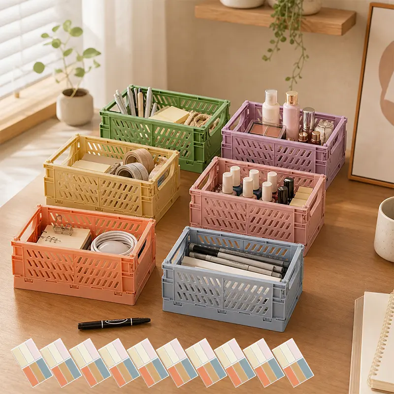 6 pcs Mini Storage Bins - Durable, Foldable Plastic Organizers for Shelves, Ideal for Home, Kitchen, Classroom & Office Organization(two sizes)