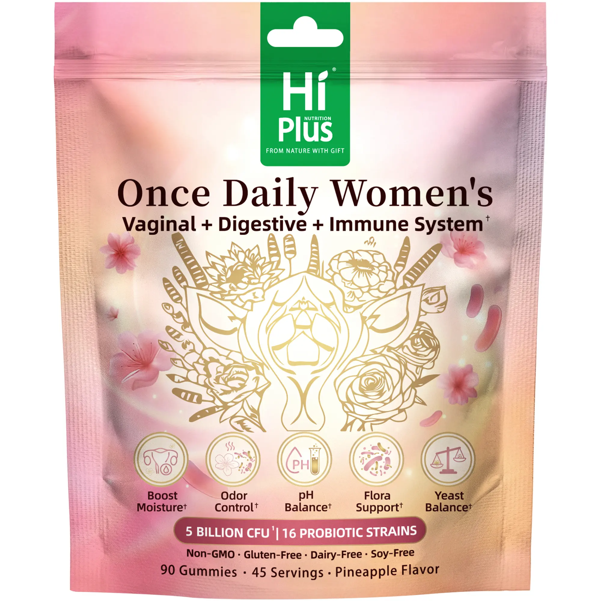 HiPlus Women's Once-Daily Lactobacillus Probiotic Blend Chewable Supplement for Adults - Dairy Free, GF, Vegan, 50B CFU, 16-Strain, Fiber Infused, Organic, Non-GMO, Digestive Health, Odor Control, Natural Genital Support, 90 Count (45 Servings), 24 Months