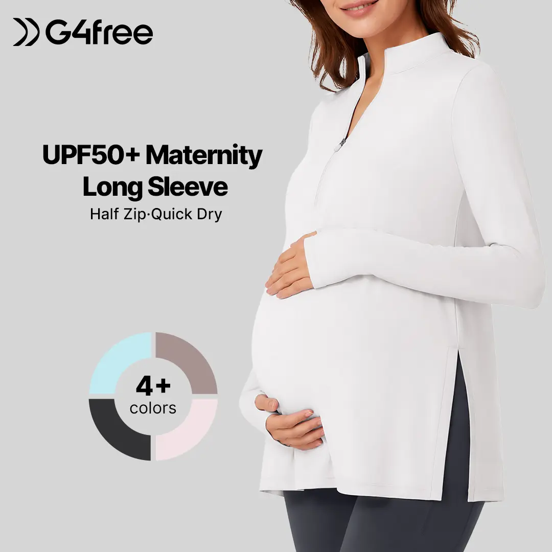 G4Free Women's Lightbreeze Long Sleeve Half-Zip Mock Neck Maternity Yoga Shirt - UPF50+ Fabric, Sweat-Wicking, Fast-Drying, Thumbholes, Loose Fit, for Pregnancy Workout & Casual Wear