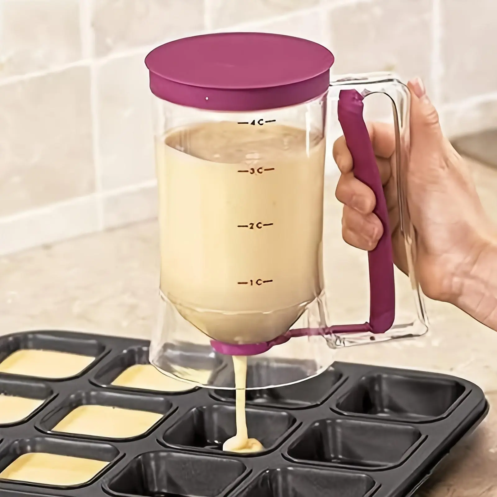 Pancake Batter Dispenser, 1 Count Handheld Press Type Batter Separator with Measuring Label, Baking Tool for Cupcakes, Waffles
