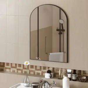 Bathroom Mirror Vanity Mirror for Wall, Aluminum Alloy Framed Wall Mirror Farmhouse, Rounded Rectangle Bathroom Vanity Mirror,Anti-Rust,Tempered Glass, Can Be Vertically，Rust-Resistant，Scratch-Proof，Fade-Free，Fast fog dispersion