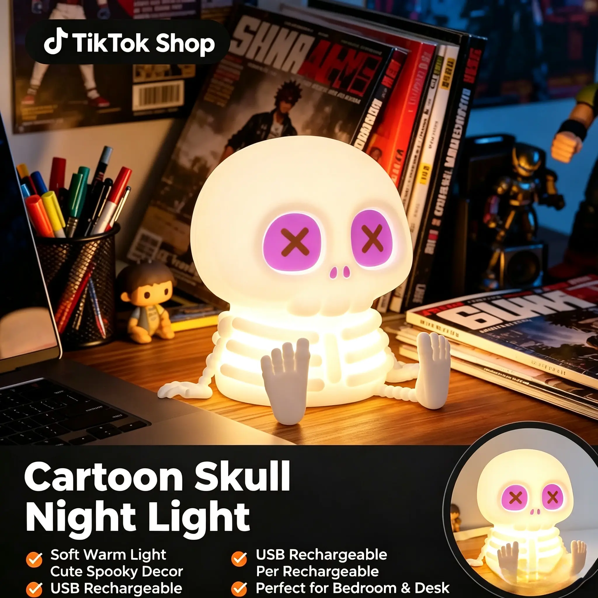 Halloween Skull Night Light, Silicone Skeleton Lamp with & Adjustable Warm Light, Touch Control LED Bedside Lamp, Halloween Room Decor, Summerween Party Decoration, Birthday & Christmas Gift