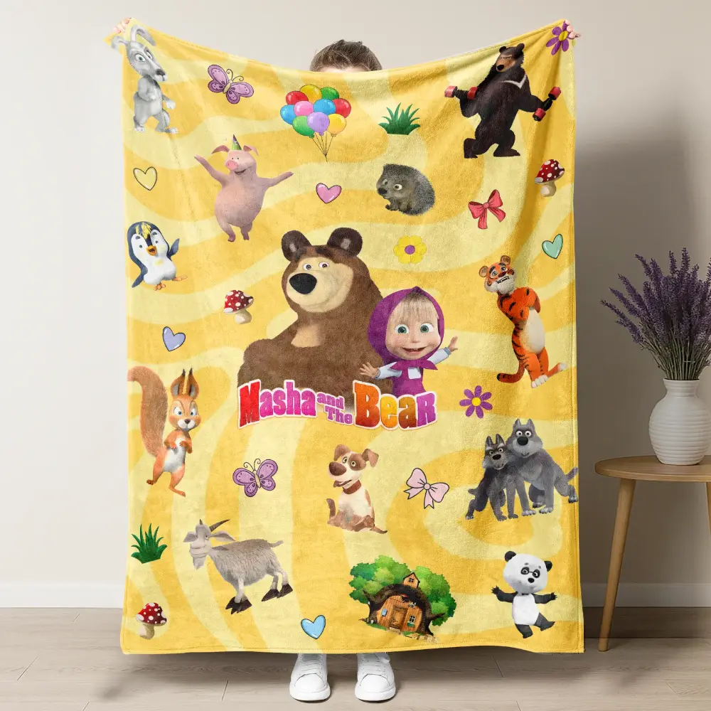 Kawaii M-Masha and B-Bear Cartoon Pattern Flannel Cozy Blanket, Soft Warm Throw for Living Room Decor, Kids Christmas Gift