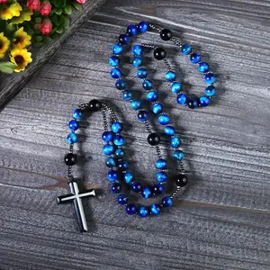 Natural Blue Tiger's Eye Hematite Necklace Prayer Hematite Cross Pendant Meditation Prayer Protection Yoga Healing Reiki Men Women Necklace