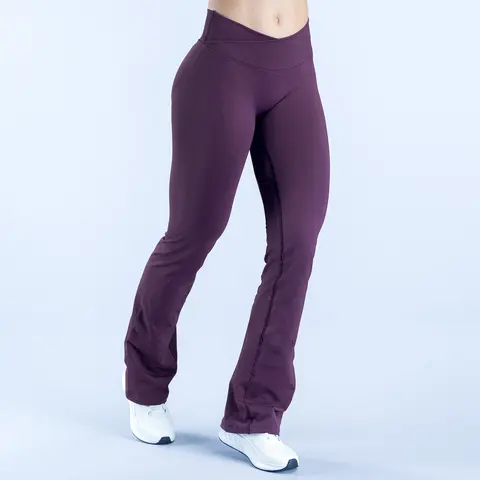 Women's Crossover Flare Leggings - Medium Length, Soft Seamless Ribbed Nylon Bottoms with Sculpting Scrunch for Gym & Everyday Wear