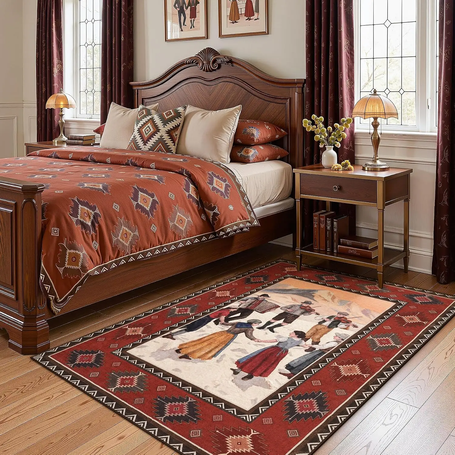Tribesigns 3x5/5x7 Red Southwestern Folk Art Rug for Entryway | Machine Washable, Soft, Low-Pile, Non-Slip Vintage Boho Area Rug, Bedroom and Living Room Decor, Includes 4 Rug Grippers