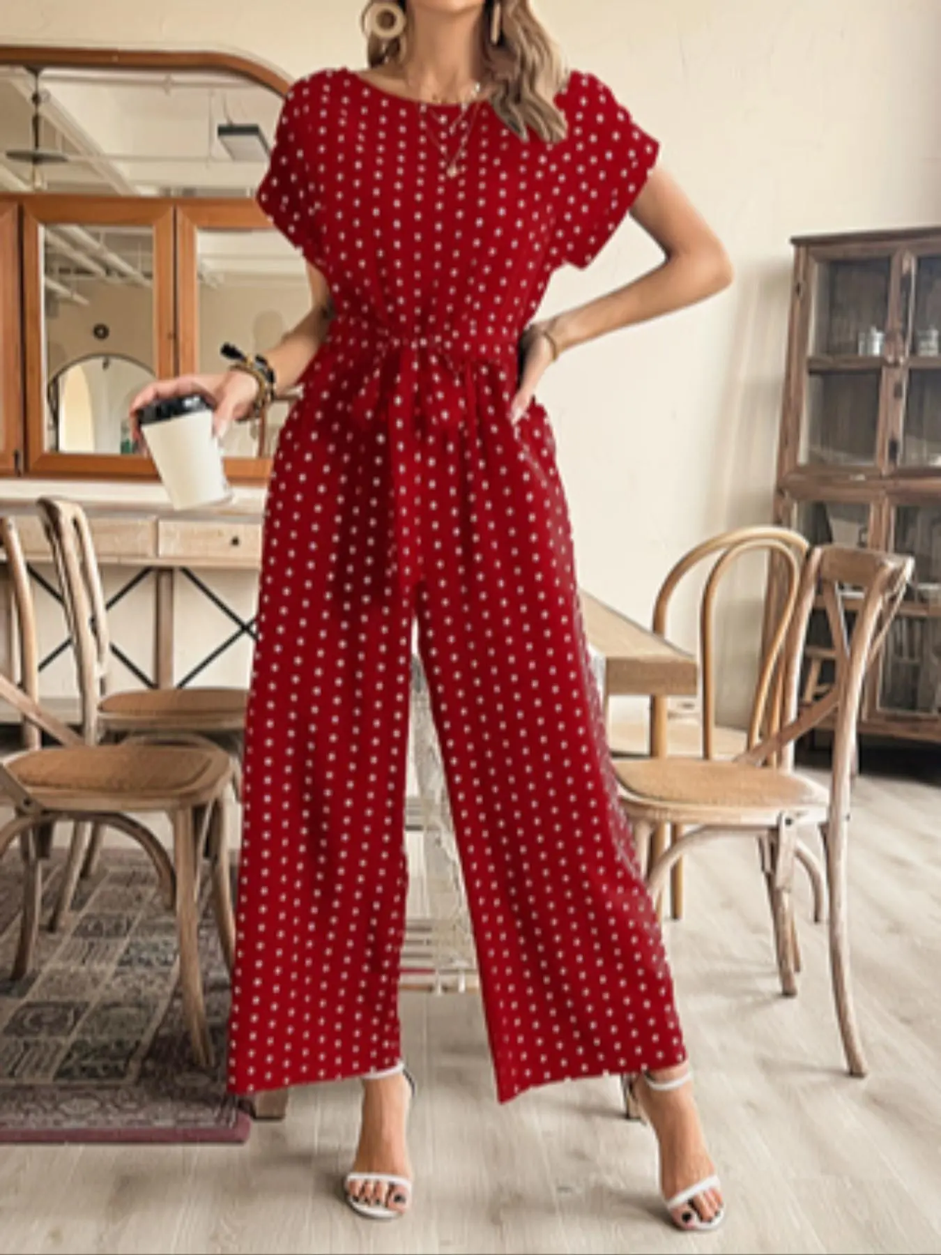 Women's Polka Dot Print Jumpsuit, Tie Waist Jumpsuit, Top Jumpsuit, Fit Jumpsuits, Elegant Fashion Casual Cute Jumpsuit for Daily Outdoor Wear, Ladies Clothes for All Seasons