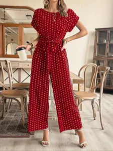 Women's Polka Dot Print Jumpsuit, Tie Waist Jumpsuit, Elegant Fashion Casual Jumpsuit for Daily Outdoor Wear, Ladies Clothes for All Seasons