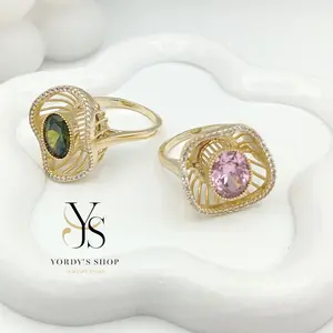 Yordy Rings designed with zirconia, green and pink, 14k gold plating, high quality.