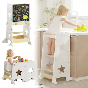 DOMISO 3-in-1 Toddler Kitchen Step Stool, Foldable Learning Standing Tower with Blackboard, Wooden Kitchen Stool Helper for Kids, 1-3 Year Old Boy Girl Gifts