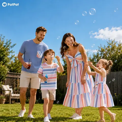 PatPat Family Matching Sets - Women's Soft Polyester Fabric Blue Short-Sleeve Tee or Colorful Prints Camisole Dress for 4th of July Independence Day Sale