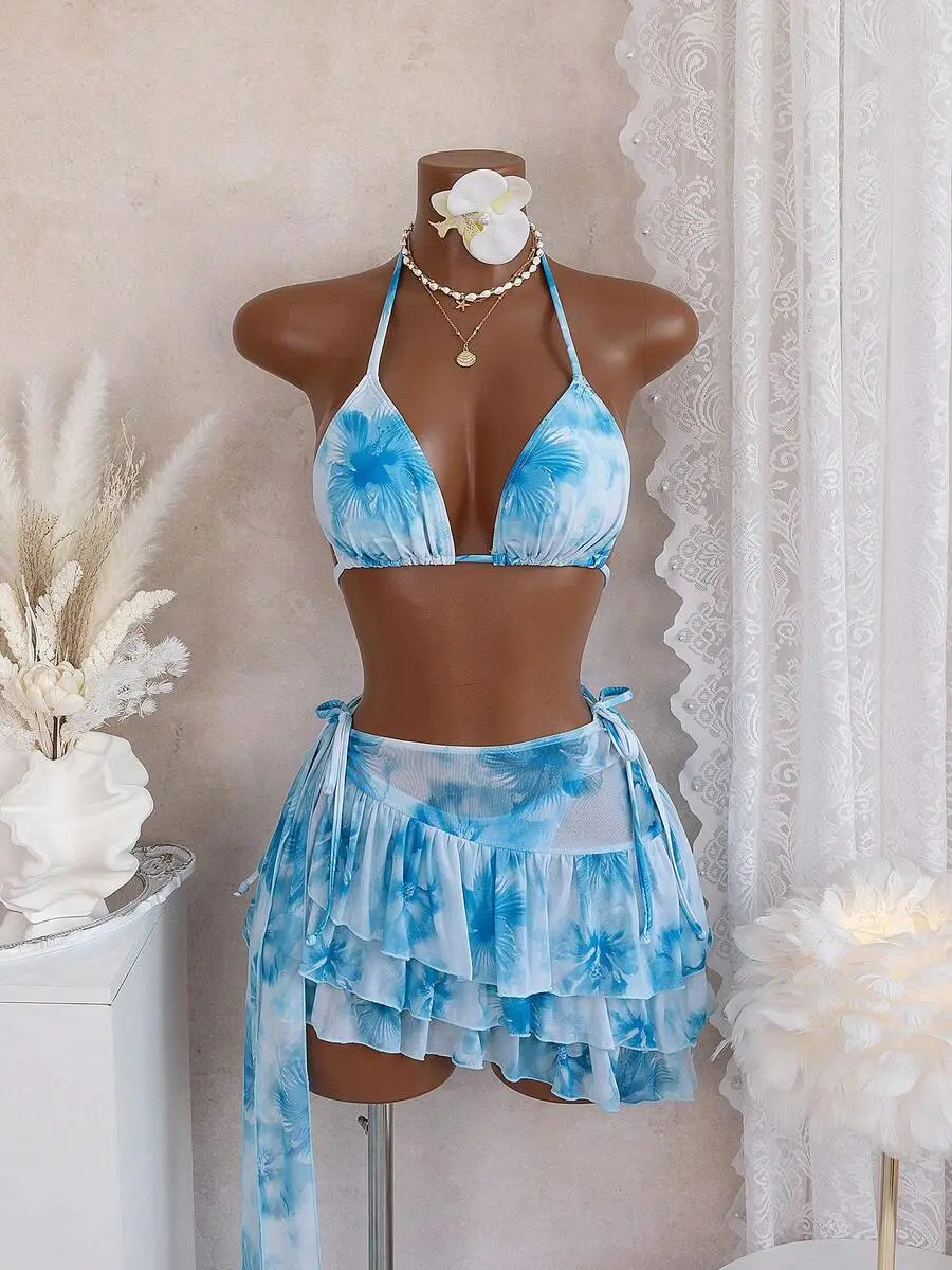 [Royalty Brand Clothing] 3pcs Watercolor Floral Print Halter Bikini Top, Tie Side Bikini Bottom, And Sarong Skirt Swimwear Set, Summer Vacation
