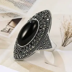 S925 Mother's Day Black Marcasite Vintage Silver Ring with 5 A Cubic Zirconia, Antique Silver Big Black Onyx Stone Ring, Retro Luxury Unisex Jewelry, Bold Oval Design Daily Wear Jewelry Gift for Engagement, Anniversary, and Special Occasions