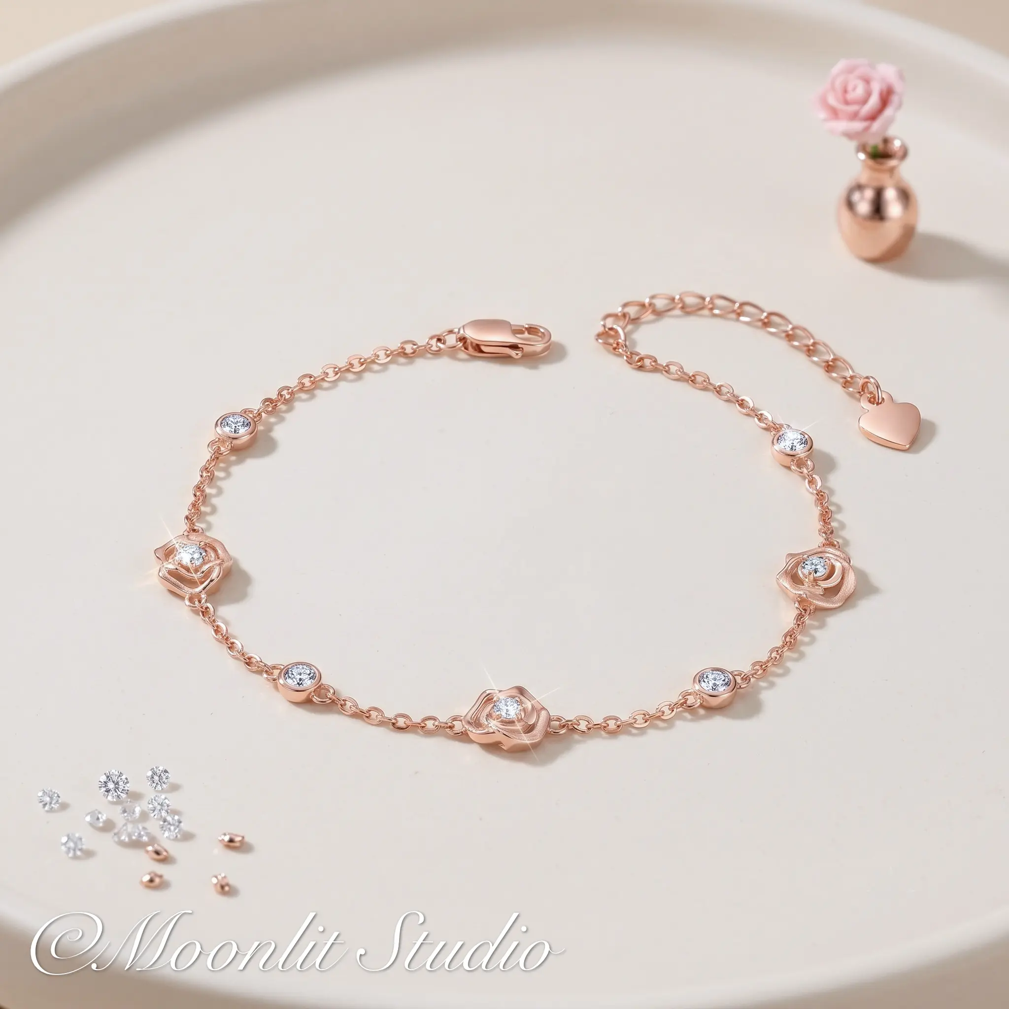 Sparkling Rose Gold Floral Bangle, Delicate Crystal Stones Charm Bracelet, Casual Everyday Adjustable Fitted Bracelets & Bangles for Romantic Wear