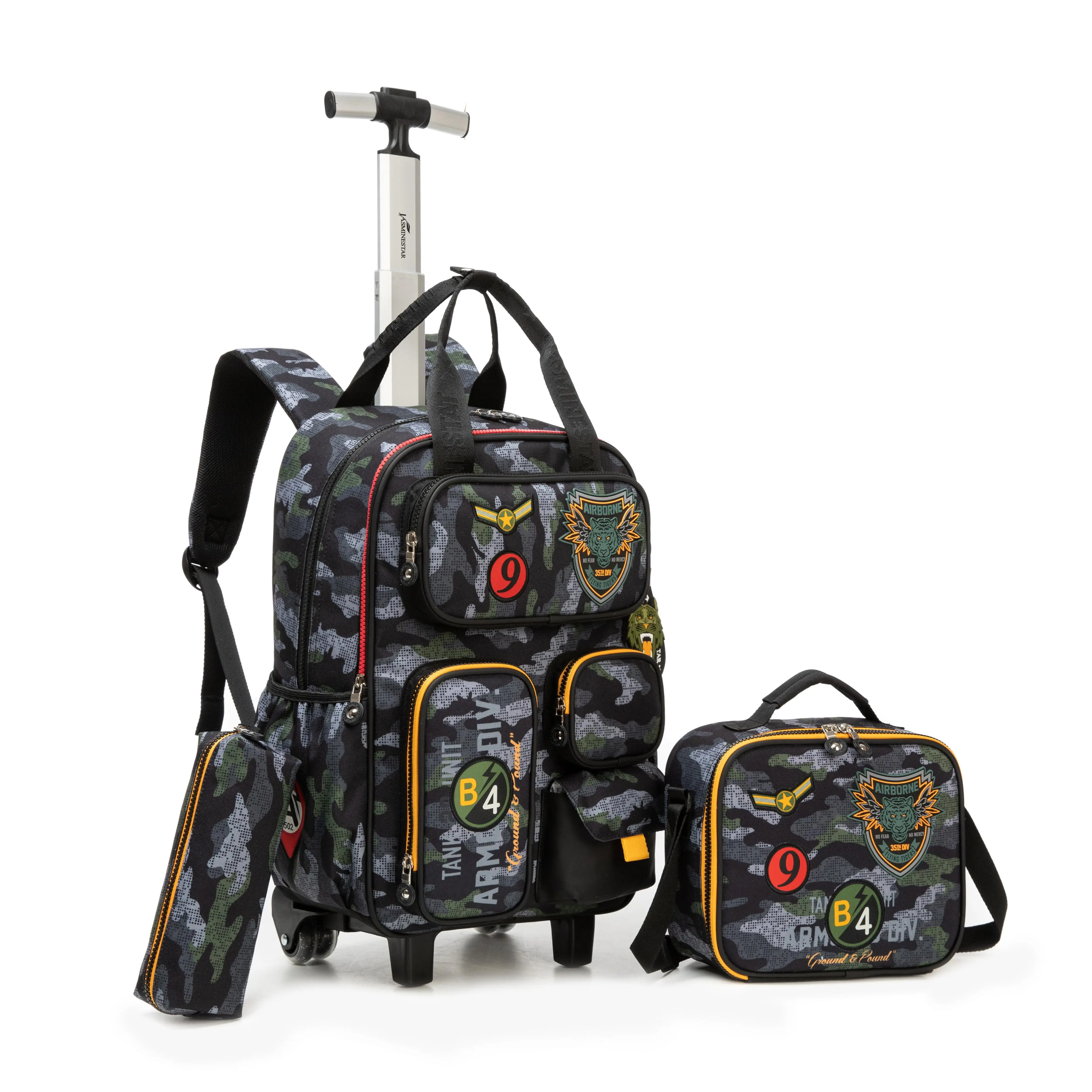 Boys' Tactical Camouflage Rolling Backpack Set - Dark Digital Camo, Army Div Lettering, Adjustable Strap, Multi-Function, Waterproof, Large Capacity, Insulated Lunch Bag + Pencil Case, Airborne Military Gear for School & Laptop Carry