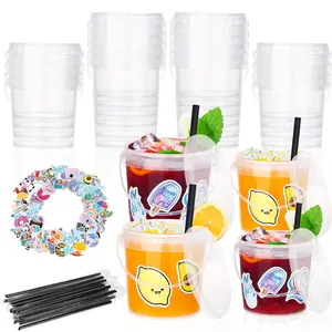 30 Pcs Ice Cream Buckets with Lids and Handles Drink Rum Buckets for Parties Cocktails Reusable Clear Plastic Food Containers with 50 Pcs Summer Stickers