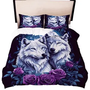 Blue Wolf Totem Bedding Set, 1 Fitted Sheet + 2 Pillowcases, Polyester Fiber, Suitable for All Seasons, Bedroom Decor, Decorative Bedsheet Sets