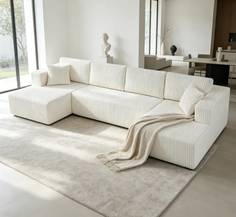 132" U-Shaped Modular Sectional Sleeper Sofa - Modern Minimal Chic Corduroy Fluffy Cloud Couch, Durable, Tool-Free Fully Assembled, Memory Foam Comfort, Side Pockets, Soft Beige Pillow for Living Room, Corduroy Fluffy Sofa, Comfy Couch