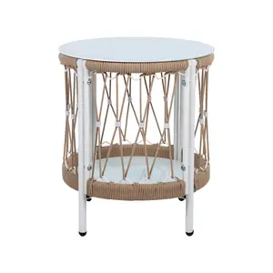 Donext Bohemian Garden Accent Outdoor Side Table 17.32" Handwoven Rope & Powder-Coated Steel Frame Glass Top Small Patio End Table for Drinks Plants Foldable Design