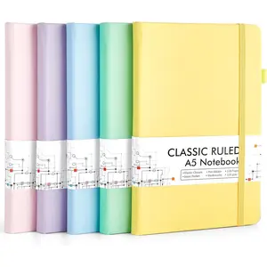 5 Pack Notebooks Journals Bulk, Hardcover Classic Ruled Lined Journals with Pen Holder for Women Girls School Business Supplies, with 5 Black Pens, 120 GSM, 5.1”x8.3”, A5, Pastel Colors