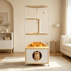 Corner Cat Tower for Indoor Cats, Multi-Functional Cat Tree with Scratching Post, Stable Cat Condo with Feeding Station & Climbing Platforms, Space-Saving Modern Pet Cat Furniture for Small Apartment Home Decor