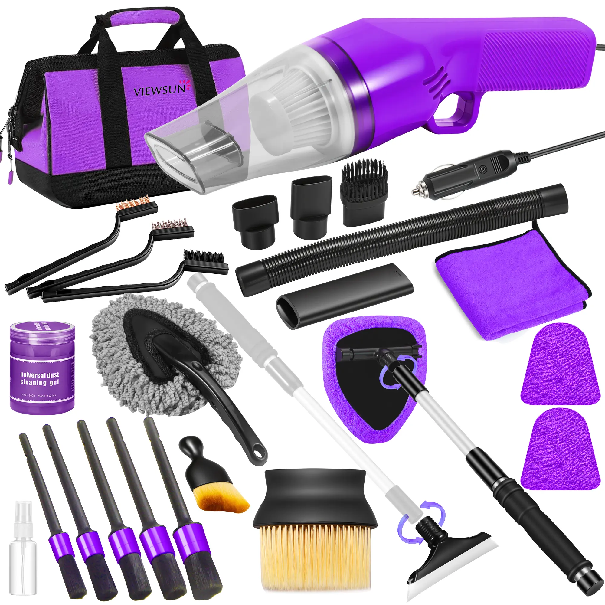 Viewsun 17PCS Car Cleaning Kit, Car Interior Detailing Kit with Purple High Power Handheld Vacuum, Detailing Brush Set, Windshield Cleaner, Cleaning Gel, Complete Auto Accessories for Women, Summervibes