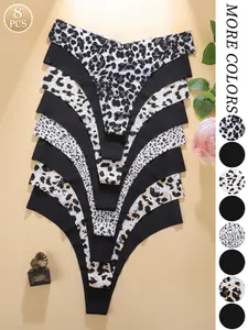 Women's Plain & Leopard Print Underwear Set, High Cut Underwear, Comfortable Skin-Friendly V-Shape Pull-Up Waistband, Soft Fit Panty, Seamless Thong Panties, 8 Pieces