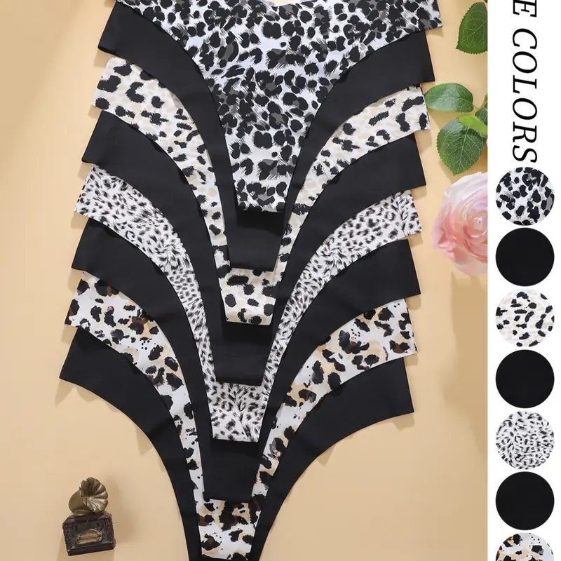 Women's Plain & Leopard Print Underwear Set, High Cut Underwear, Comfortable Skin-Friendly V-Shape Pull-Up Waistband, Soft Fit Panty, Seamless Design Thong Panties, 8 Pieces, Soft Comfy Panties