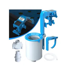 Newly Above Ground Pool Skimmer with Solar Digital Thermometer, Wall Mount Surface Skimmer with Adjustable Height Bracket, Auto Skimming for Pool Surface Floating Leaves & Debris -Blue