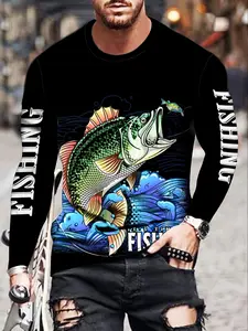 Men's Fishing Print Long Sleeve T-Shirt, Round Neck Top with Bright Fish Design, Ideal for Hiking & Outdoor Activities