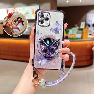 Diamond Strap Lanyard Flying Purple Butterflies Transparent Glitter Shiny Phone Holder Case with Durable Protector For Compatible with Infinix Hot 40 Pro