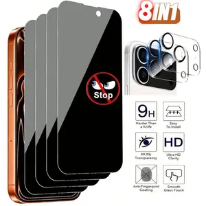 8IN1 Privacy Screen Protector Set for iPhone 16 17 Pro Max 16E 15 14 13 Pro Max Plus Air Value Pack of 5 Anti-Peeping Tempered Glass 3 Camera Lens Protectors 9H Hardness HD Clarity Anti-Spy Protection
