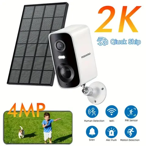 2K Solar Wireless Outdoor Security Camera - 4MP WiFi Cameras, Color Night Vision, PIR Motion Detection, Siren Alarm, IP66 Waterproof, 2-Way Audio, Easy Setup, Home Monitoring