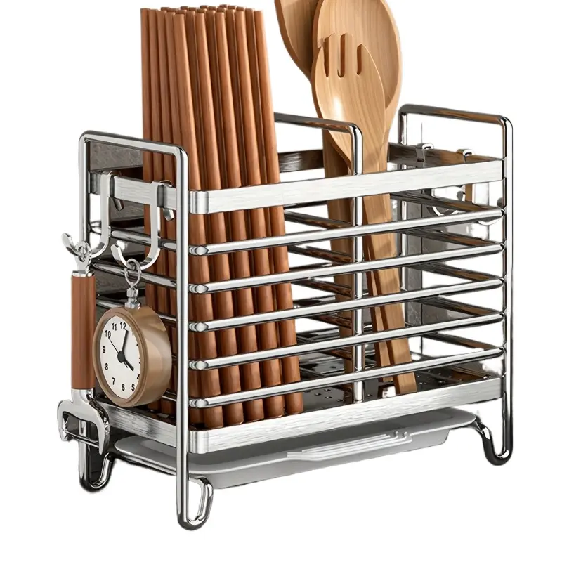 Black Double-Layer Metal 3-Compartment Kitchen Countertop Draining Dish Rack with Board, Tray and 4 Hooks