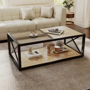 Modern Coffee Table for Living Room, Industrial X-Frame Tempered Glass & Wood Top, Anti-Scratch Easy Clean for Small Spaces Natural