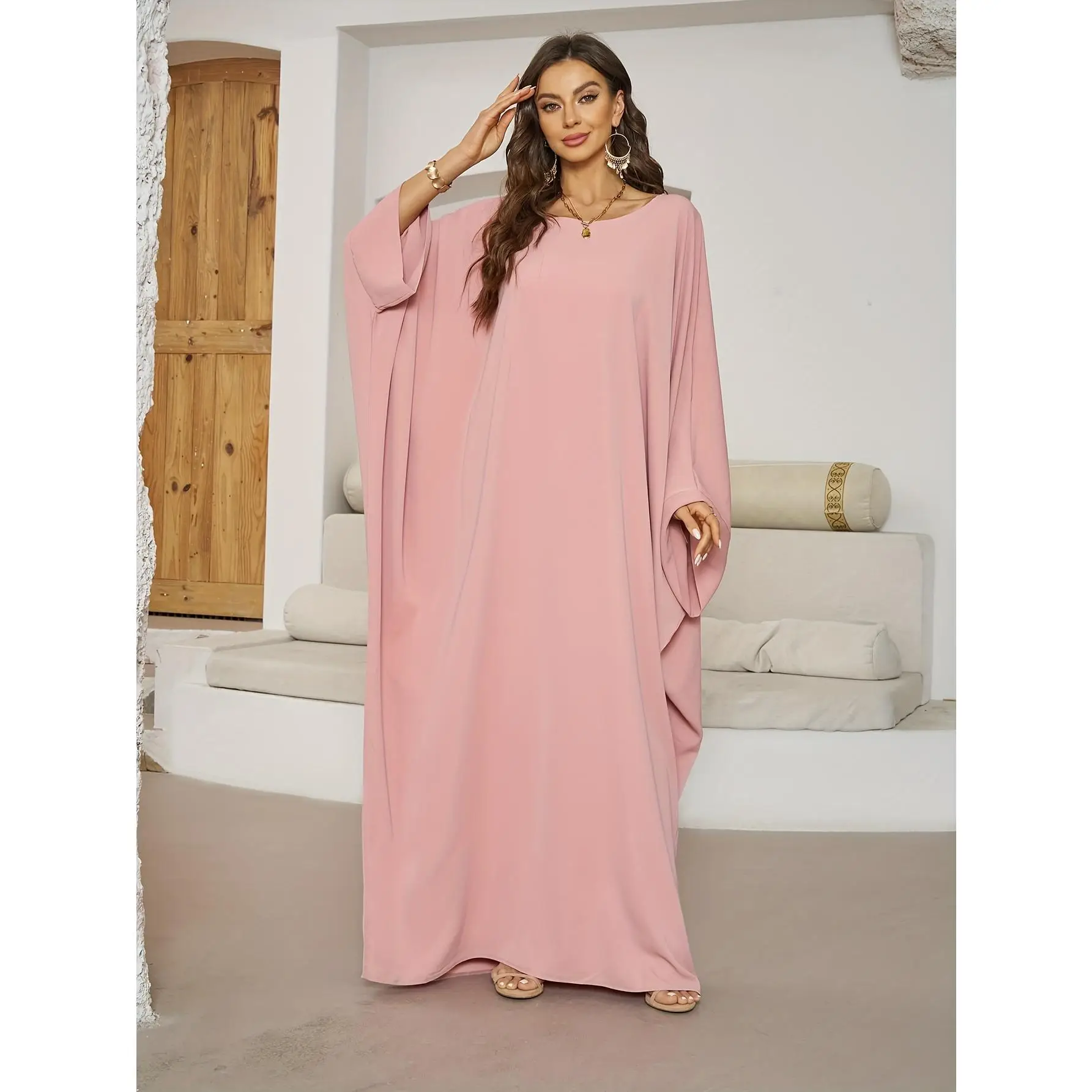Solid Color Batwing Sleeve Modest Dress, Elegant Crew Neck Maxi Length Dress, Women's Clothing Casual Womenswear Aesthetic Chic
