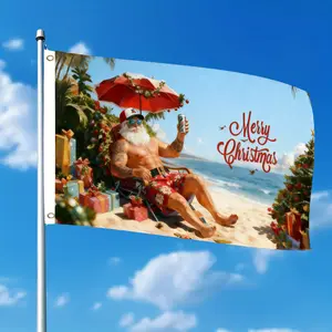 Double-sided Christmas Beach Santa Flag 3x5 FT - Tropical Tiki Santa Claus Double-Sided Outdoor Decor with Palm Trees and Merry Christmas Greeting for Patio Porch Holiday Garden Yard