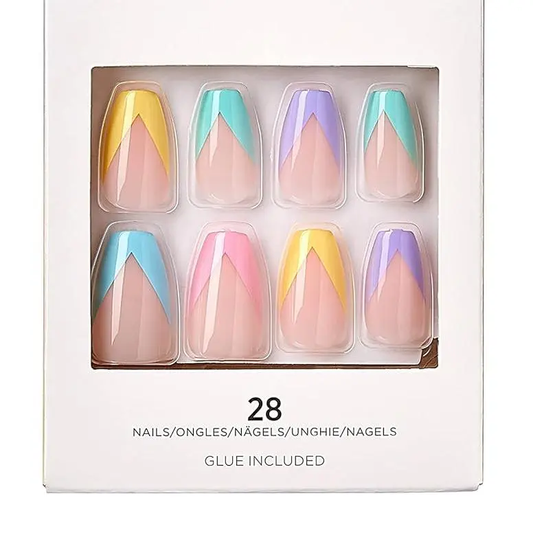 Press-On Nails, Nail glue included, 'Candies', Multicolor, Medium Size, Coffin Shape, Includes 28 Nails, 2g glue, 1 Manicure Stick, 1 Mini File