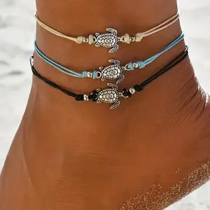 3pcs Vintage Turtle Anklet Simple Ethnic Style Handmade Braided Adjustable Hemp Rope Anklet For Women Daily Beach Jewelry Gift