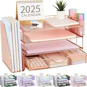 Desk Organizers and Accessories with File Holder, 4-Tier Desk Accessories & Workspace Organizers with Drawer and 2 Pen Holder, Paper Organizer for Office Supplies (Rose Gold)