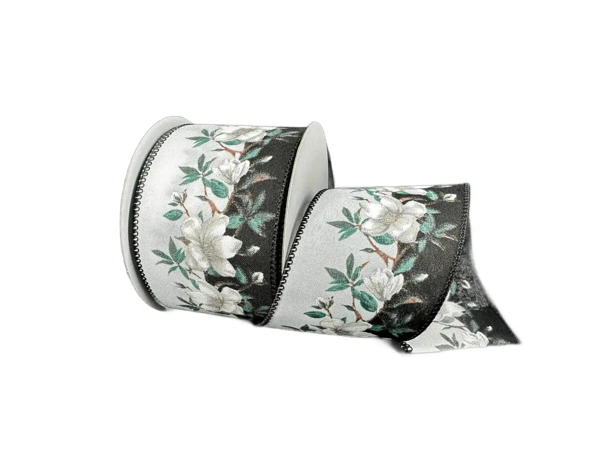 2.5" x 10yd Black Ponché Satin Ribbon with Dual Magnolia Design: