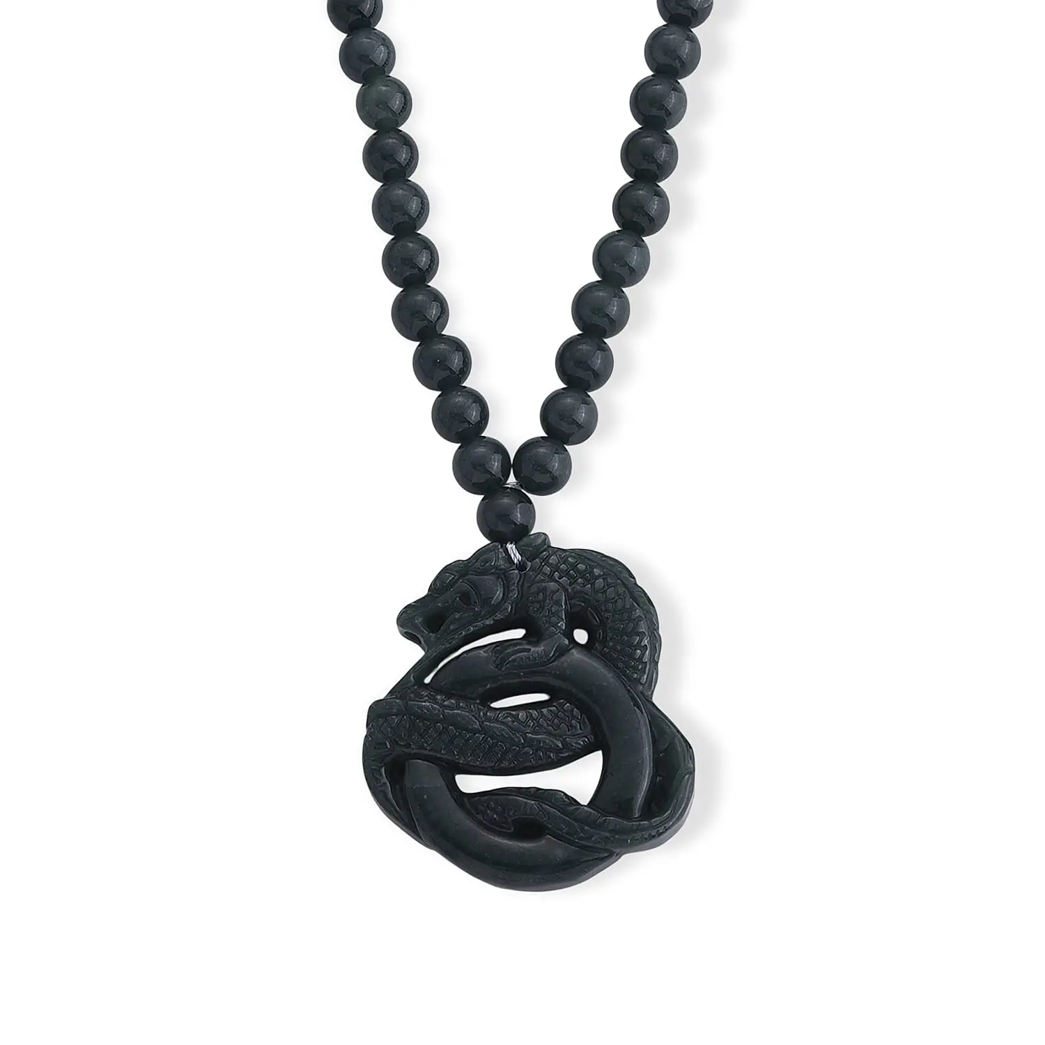 D'Joy Natural Olmec Jadeite Carved Dragon Pendant with Beaded Necklace (18-20 Inches) in Rhodium Over Sterling Silver 430.00 ctw
